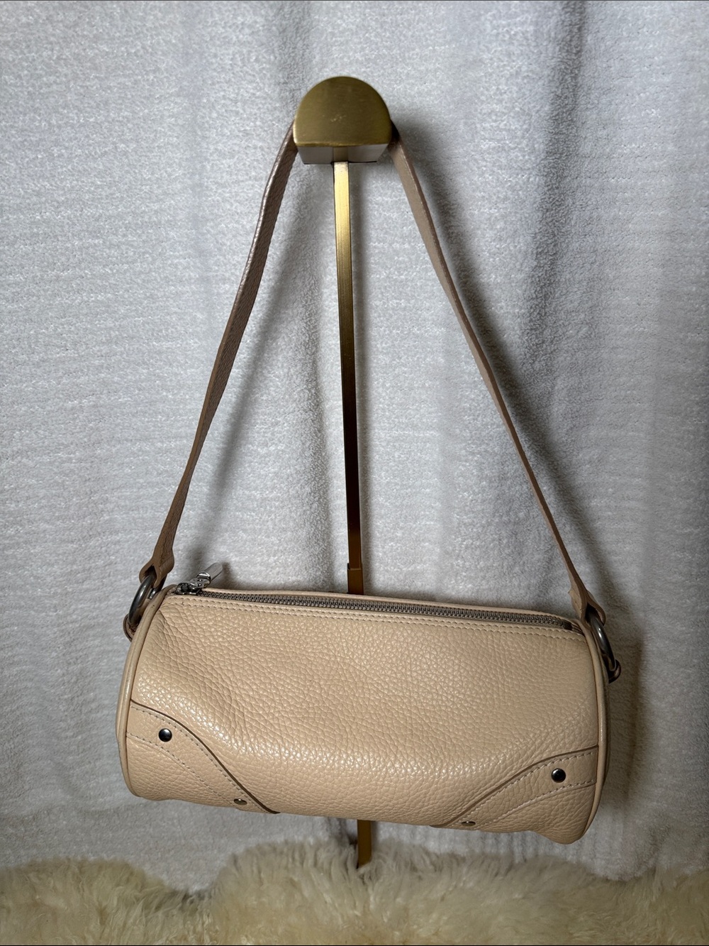 Burberry Beige Pebbled Leather Barrel Shoulder Bag
